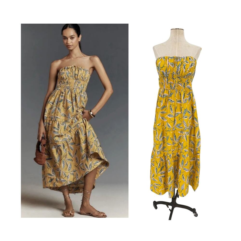 Anthropologie Somerset Strapless Maxi Dress Yellow Floral Tiered Size Small